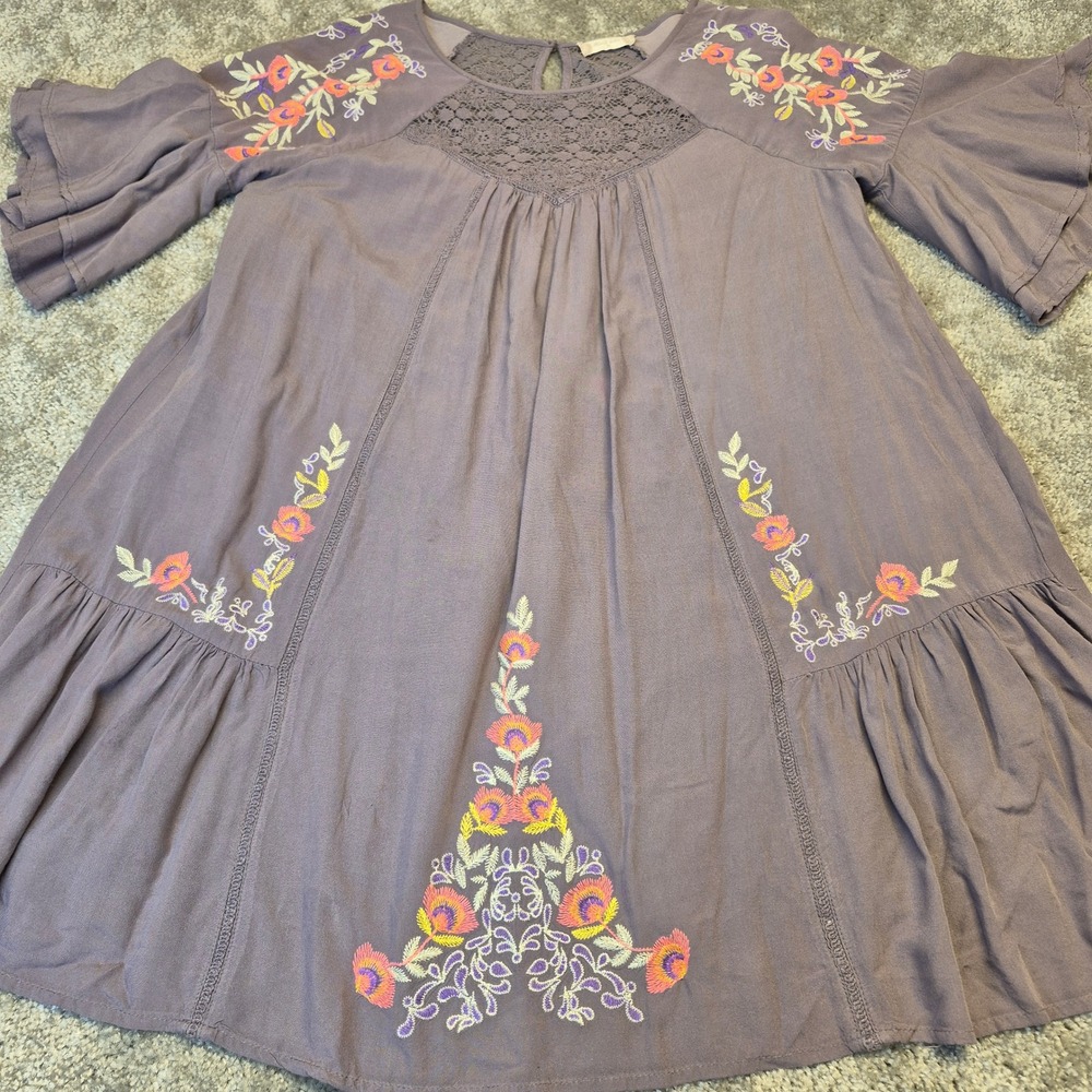 Altard State Womens Purple Floral Embroidered Boho Lace Bell Sleeve‎ Dress M